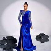 High End Long Sleeve Crew Neck Long Sequined Cocktail Heavy Work Evening Dress Bridesmaid Dress